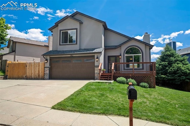 2852 Front Royal Dr, Colorado Springs, CO 80919 - traditional home with stucco siding, concrete driveway, an attached garage, a chimney, and stone siding