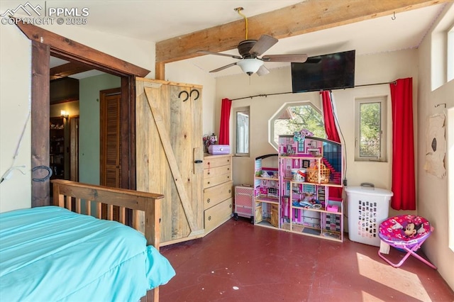 125 1st St, Saguache, CO 81149 - bedroom with beamed ceiling, concrete flooring, and ceiling fan