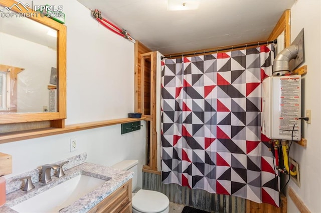 125 1st St, Saguache, CO 81149 - full bathroom with tankless water heater, vanity, and a shower with shower curtain