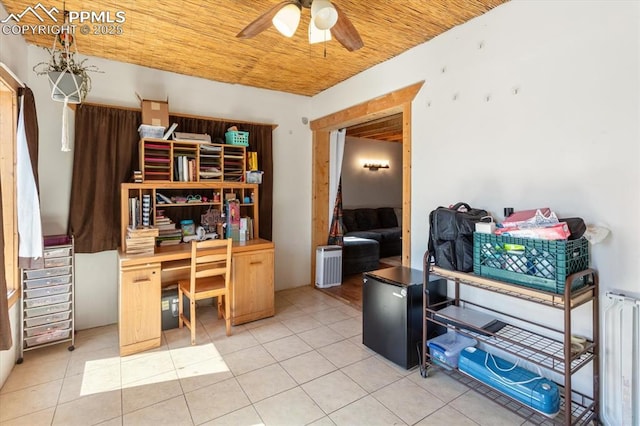 125 1st St, Saguache, CO 81149 - home office with radiator heating unit, a ceiling fan, light tile patterned floors, and wood ceiling