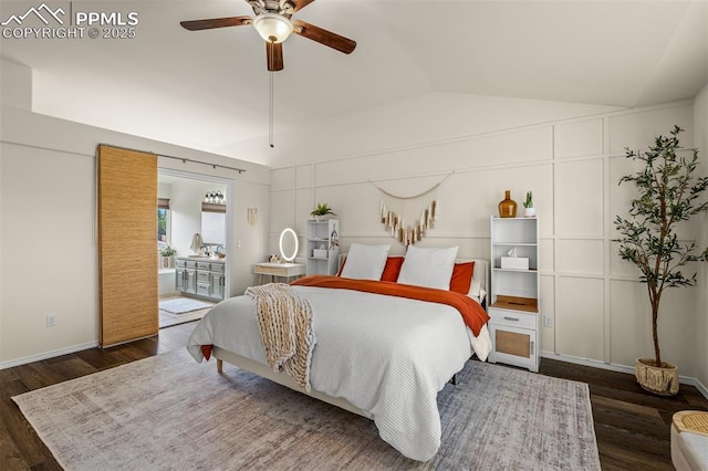 2570 Wimbleton Ct, Colorado Springs, CO 80920 - bedroom with lofted ceiling, wood finished floors, a decorative wall, and a ceiling fan