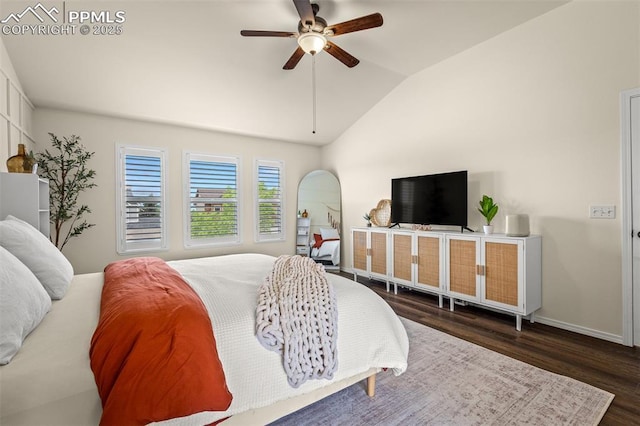 2570 Wimbleton Ct, Colorado Springs, CO 80920 - bedroom featuring dark wood-type flooring, vaulted ceiling, and ceiling fan