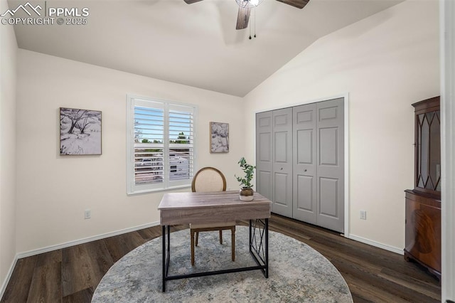 2570 Wimbleton Ct, Colorado Springs, CO 80920 - home office with lofted ceiling, a ceiling fan, and dark wood finished floors
