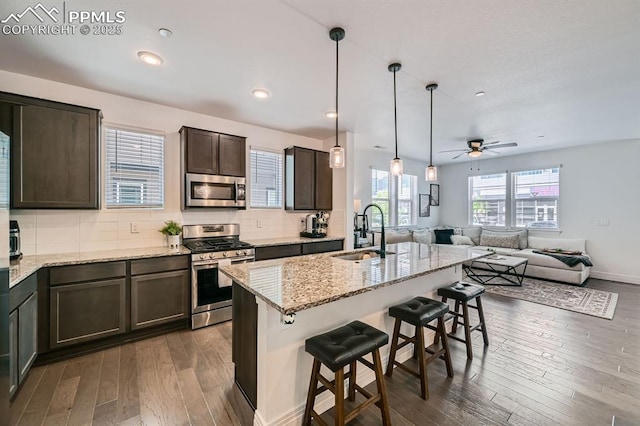1851 Spring Water Pt, Colorado Springs, CO 80908 - kitchen featuring appliances with stainless steel finishes, dark wood-style floors, ceiling fan, a kitchen bar, and dark brown cabinetry