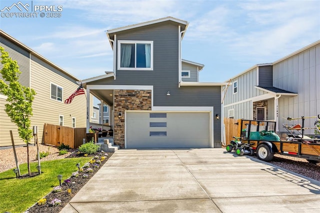 11434 Whistling Duck Way, Colorado Springs, CO 80925 - modern home with driveway, a garage, and stone siding