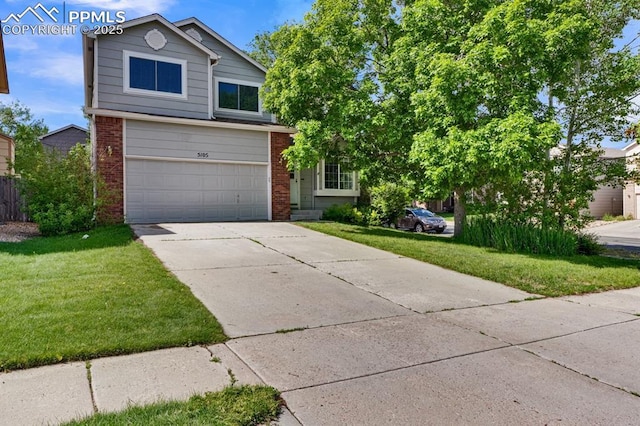 5105 Stellar Dr, Colorado Springs, CO 80923 - traditional-style home featuring brick siding, driveway, an attached garage, and a front yard