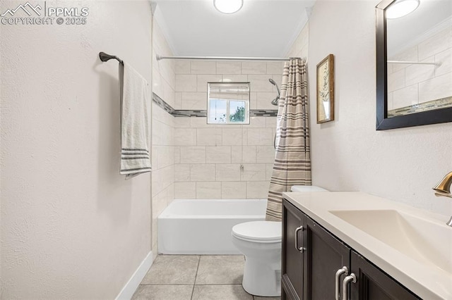 519 Crest St, Fountain, CO 80817 - bathroom featuring vanity, shower / bath combo, tile patterned floors, and ornamental molding