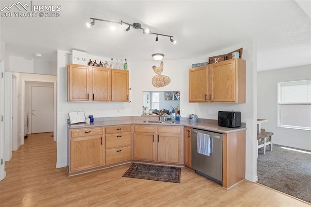 3320 Chestnut Glen Ln, Colorado Springs, CO 80918 - kitchen with dishwasher, a sink, light wood-style flooring, light countertops, and baseboards