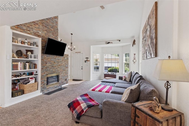3320 Chestnut Glen Ln, Colorado Springs, CO 80918 - living area with carpet floors, high vaulted ceiling, a fireplace, and built in features