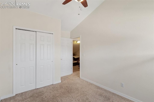 3320 Chestnut Glen Ln, Colorado Springs, CO 80918 - unfurnished bedroom featuring carpet floors, lofted ceiling, a closet, baseboards, and a ceiling fan