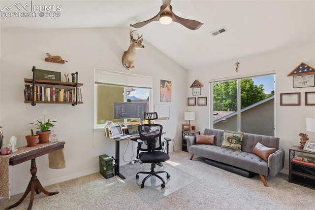3320 Chestnut Glen Ln, Colorado Springs, CO 80918 - carpeted office space featuring a ceiling fan, lofted ceiling, and baseboards
