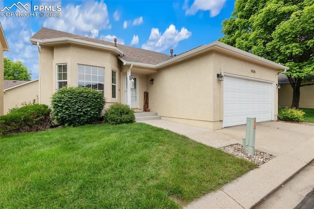 3320 Chestnut Glen Ln, Colorado Springs, CO 80918 - ranch-style home with an attached garage, stucco siding, a front yard, and concrete driveway