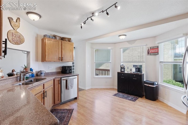 3320 Chestnut Glen Ln, Colorado Springs, CO 80918 - kitchen featuring dishwasher, light wood-type flooring, a sink, baseboards, and rail lighting