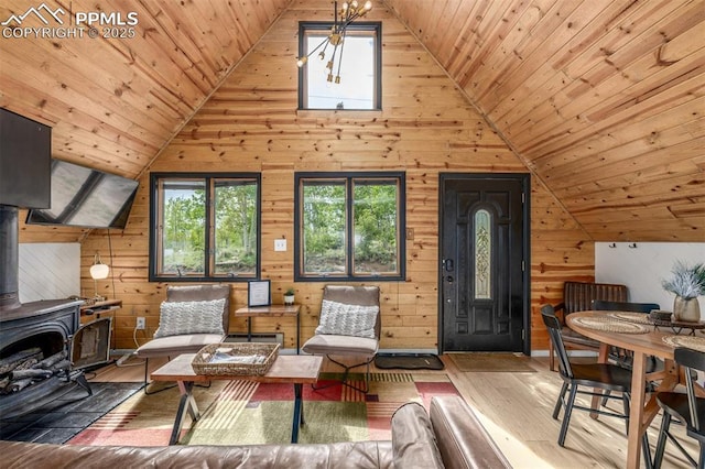 860 Golden Cycle Cir, Cripple Creek, CO 80813 - living area with lofted ceiling, plenty of natural light, wood ceiling, hardwood / wood-style flooring, and wooden walls