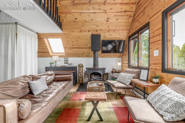 860 Golden Cycle Cir, Cripple Creek, CO 80813 - living area with a wood stove, wood walls, and a skylight