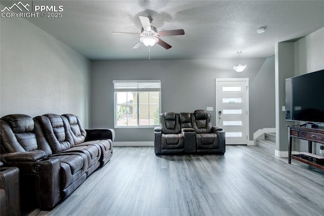 2485 Falkirk Dr, Colorado Springs, CO 80910 - living area featuring wood finished floors, baseboards, a textured ceiling, and ceiling fan