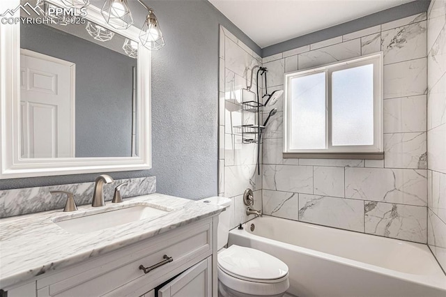140 Schirra Pl, Pueblo, CO 81001 - full bath featuring toilet, vanity, bathing tub / shower combination, and a textured wall