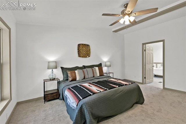 451 Fern Rd, Woodland Park, CO 80863 - bedroom with carpet flooring, lofted ceiling, ornamental molding, connected bathroom, and a ceiling fan