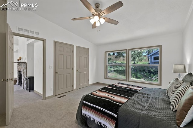 451 Fern Rd, Woodland Park, CO 80863 - bedroom with lofted ceiling, light colored carpet, and ceiling fan