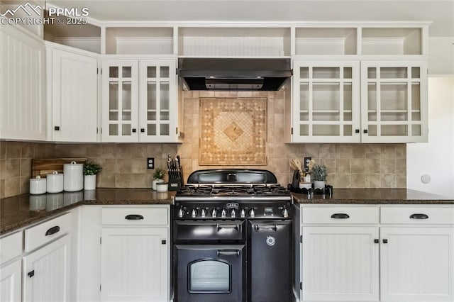 1326 E Platte Ave, Colorado Springs, CO 80909 - kitchen with under cabinet range hood, range with two ovens, white cabinetry, backsplash, and glass insert cabinets