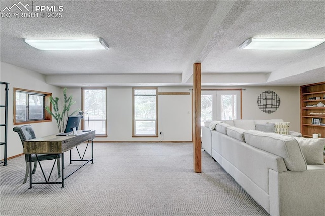 19235 Wakonda Way, Monument, CO 80132 - living area with a textured ceiling, carpet flooring, healthy amount of natural light, and an office area