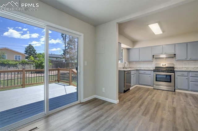 4116 Fitzpatrick Dr, Colorado Springs, CO 80909 - kitchen with stainless steel appliances, gray cabinetry, under cabinet range hood, light wood-type flooring, and backsplash
