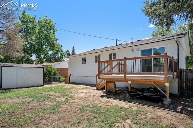 4116 Fitzpatrick Dr, Colorado Springs, CO 80909 - back of house with a deck, a fenced backyard, and a storage shed