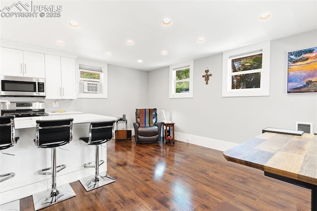 112 N 12th St, Colorado Springs, CO 80904 - kitchen featuring stainless steel appliances, recessed lighting, a breakfast bar area, dark wood-style floors, and light countertops