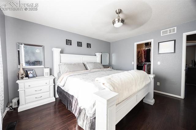 11310 Falling Star Rd, Fountain, CO 80817 - bedroom featuring a spacious closet, dark wood-type flooring, a closet, and ceiling fan