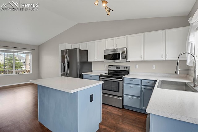 9344 Hirono Rd, Peyton, CO 80831 - kitchen with stainless steel appliances, vaulted ceiling, dark wood-style flooring, a kitchen island, and light countertops