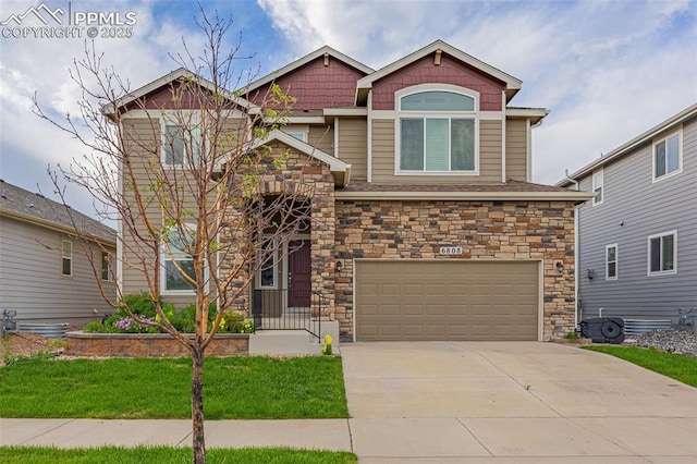 6808 Black Saddle Dr, Colorado Springs, CO 80924 - craftsman inspired home featuring stone siding, a garage, concrete driveway, and a front yard