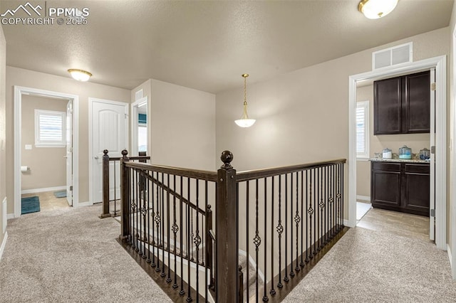 6808 Black Saddle Dr, Colorado Springs, CO 80924 - hallway with an upstairs landing, light colored carpet, and a textured ceiling