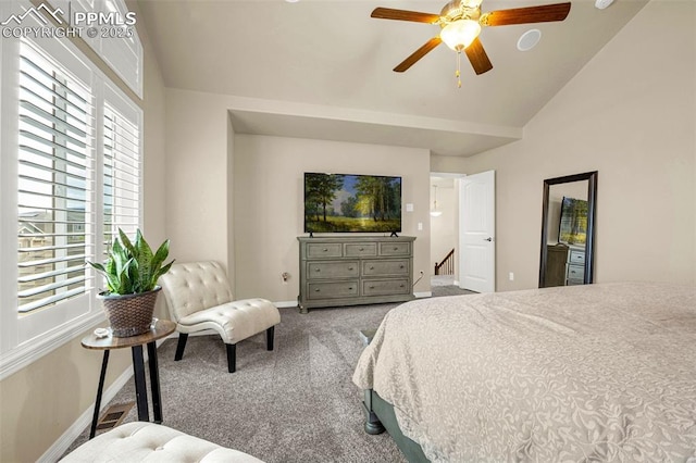 6808 Black Saddle Dr, Colorado Springs, CO 80924 - carpeted bedroom featuring lofted ceiling and a ceiling fan