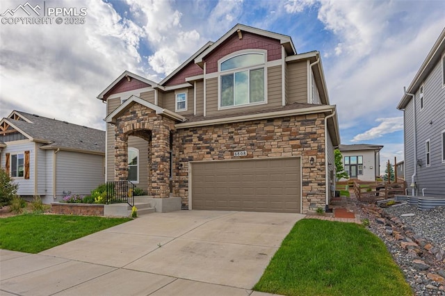 6808 Black Saddle Dr, Colorado Springs, CO 80924 - craftsman-style home with stone siding, an attached garage, driveway, and a front yard