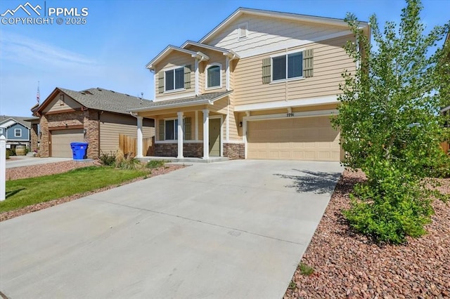7791 Berwyn Loop, Peyton, CO 80831 - view of front of home with a porch, a garage, stone siding, and driveway