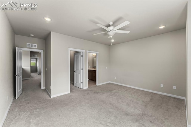 5489 Passport Vw, Colorado Springs, CO 80922 - unfurnished bedroom with light colored carpet, recessed lighting, ensuite bath, and a ceiling fan