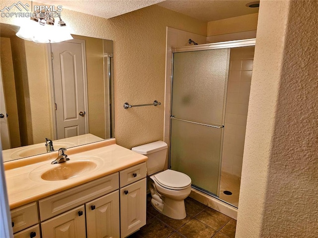 2114 Summerset Dr, Colorado Springs, CO 80920 - bathroom featuring a textured wall, tile patterned floors, vanity, a shower stall, and a textured ceiling