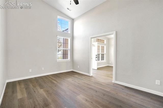 5115 Vista Del Norte Pt, Colorado Springs, CO 80919 - spare room with a ceiling fan, dark wood-type flooring, and high vaulted ceiling