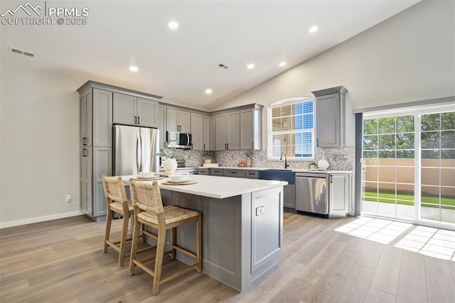 5115 Vista Del Norte Pt, Colorado Springs, CO 80919 - kitchen with gray cabinetry, stainless steel appliances, lofted ceiling, decorative backsplash, and light wood finished floors