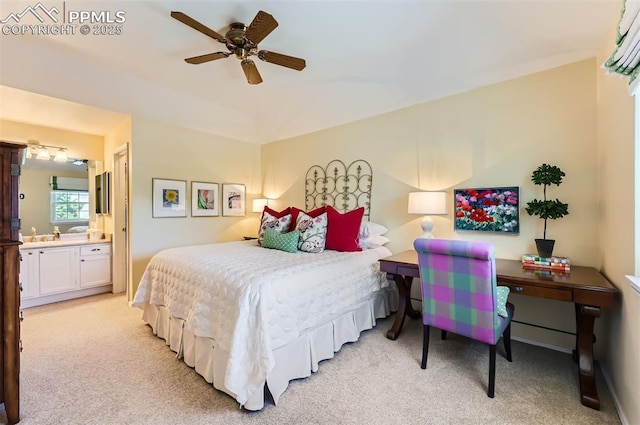 2512 Elite Ter, Colorado Springs, CO 80920 - bedroom featuring light carpet, connected bathroom, and a ceiling fan