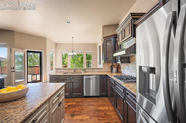 1117 Spectrum Loop, Colorado Springs, CO 80921 - kitchen featuring stainless steel appliances, dark wood finished floors, range hood, backsplash, and glass insert cabinets