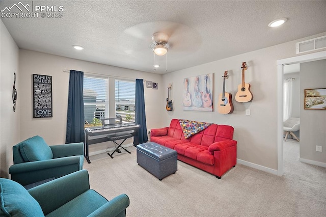 8082 Goldenray Pl, Colorado Springs, CO 80908 - carpeted living room featuring ceiling fan, a textured ceiling, and recessed lighting