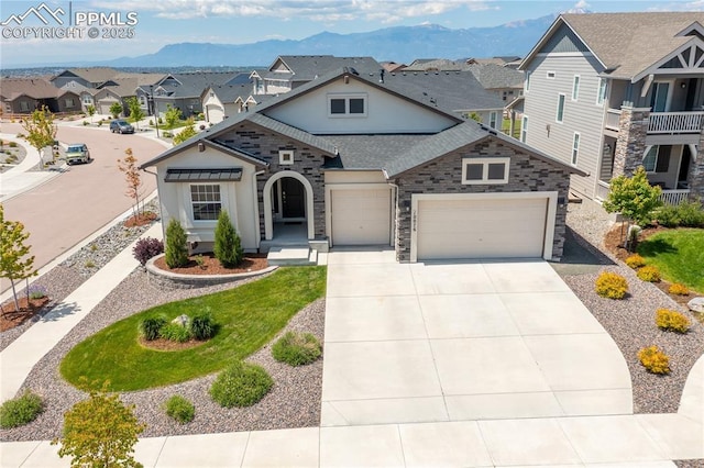 10076 Oro Belle Ct, Colorado Springs, CO 80924 - view of front of home featuring stone siding, a garage, a residential view, stucco siding, and driveway