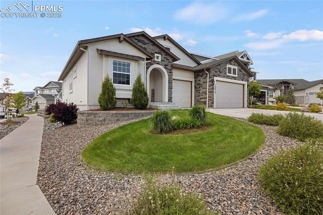 10076 Oro Belle Ct, Colorado Springs, CO 80924 - ranch-style home featuring stone siding, an attached garage, stucco siding, concrete driveway, and a residential view
