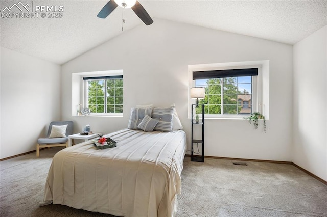 2035 Springcrest Rd, Colorado Springs, CO 80920 - bedroom featuring carpet floors, multiple windows, vaulted ceiling, a ceiling fan, and a textured ceiling