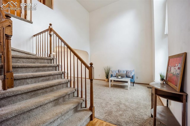 2035 Springcrest Rd, Colorado Springs, CO 80920 - staircase with carpet floors and a high ceiling