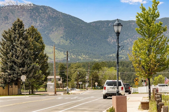 244 Washington St, Monument, CO 80132 - view of asphalt road with traffic signs, a mountain view, street lights, and curbs