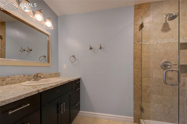 1018 Saturn Dr, Colorado Springs, CO 80905 - bathroom with vanity, a tile shower, and tile patterned floors