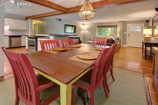 1018 Saturn Dr, Colorado Springs, CO 80905 - dining area with light wood-style flooring, beamed ceiling, and a chandelier