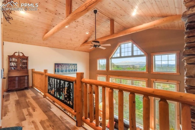 71 Crestone Cir, Florissant, CO 80816 - hall featuring a wood ceiling with exposed beams, high vaulted ceiling, and wood finished floors